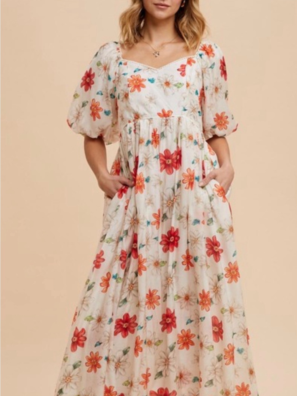 Cream Floral Puff-Sleeve Maxi Dress